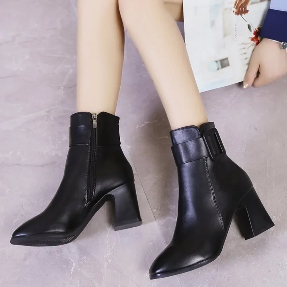 White Black Thick High Heel Ankle Boots Women 2024 Pointed Toe Keep Warm Elegant Short Booties Ladies Ankle Buckle Decoration