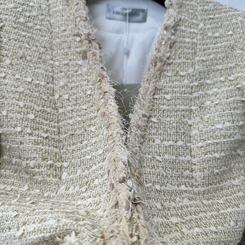 Kinglylover, nueva chaqueta de manga larga con lentejuelas de Tweed Beige Pastoral de diseño exquisito para mujer de alta calidad 2024