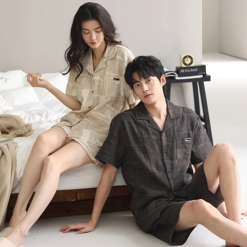 2025 New Couple Pajamas Women With Chest Pad Summer Cotton Short Sleeve Cute Men's Cardigan Loungewear Set pyjama homme