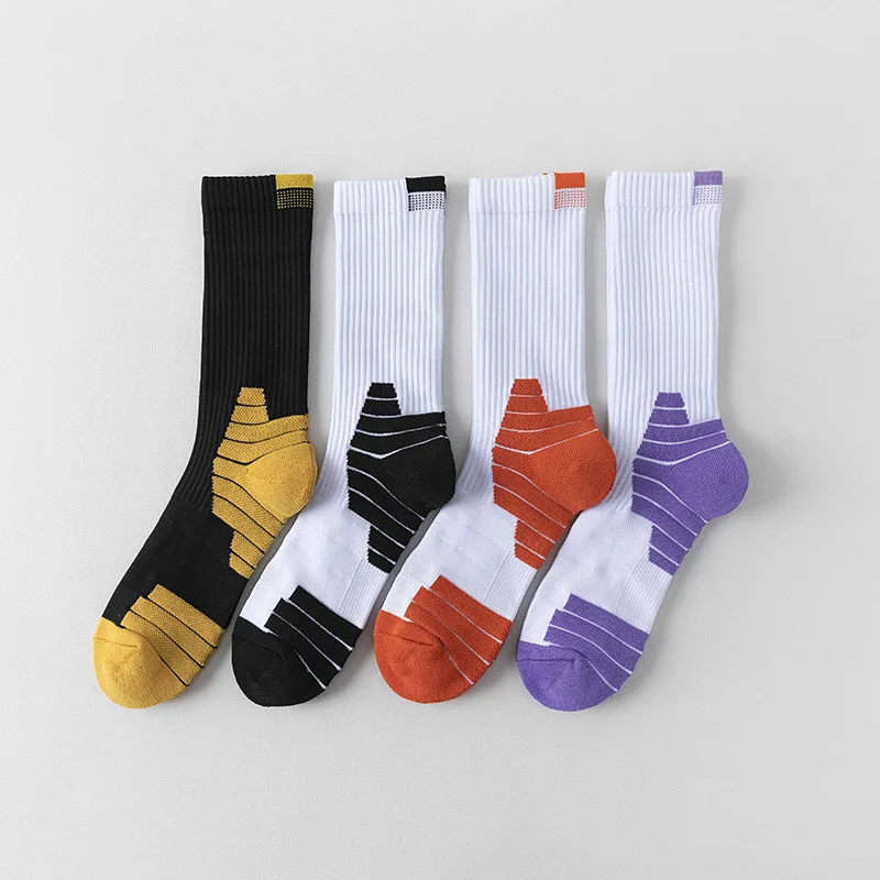 

4 Pairs New striped socks embroidered with letters, new mid length socks, marathon running socks, comfortable cushioning