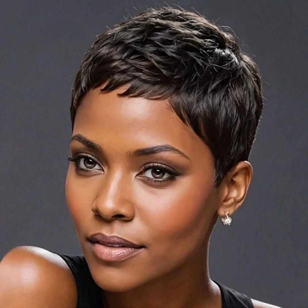 

Короткий парик в стиле пикси, многослойный, прямой, для женщин, из 100% бразильских натуральных человеческих волос, машинного плетения, черный цвет, натуральный, реалистичный