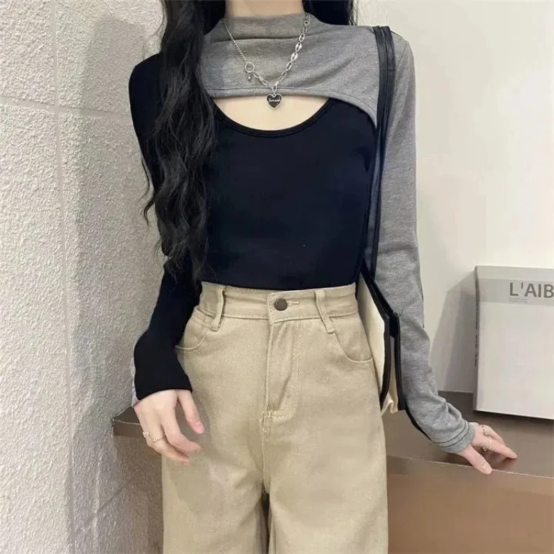 New Contrast Patchwork Hollow Out Casual T Shirts Spring Autumn Long Sleeve Slim Youth Sexy Tops Tees Fashion Y2K Women Clothing