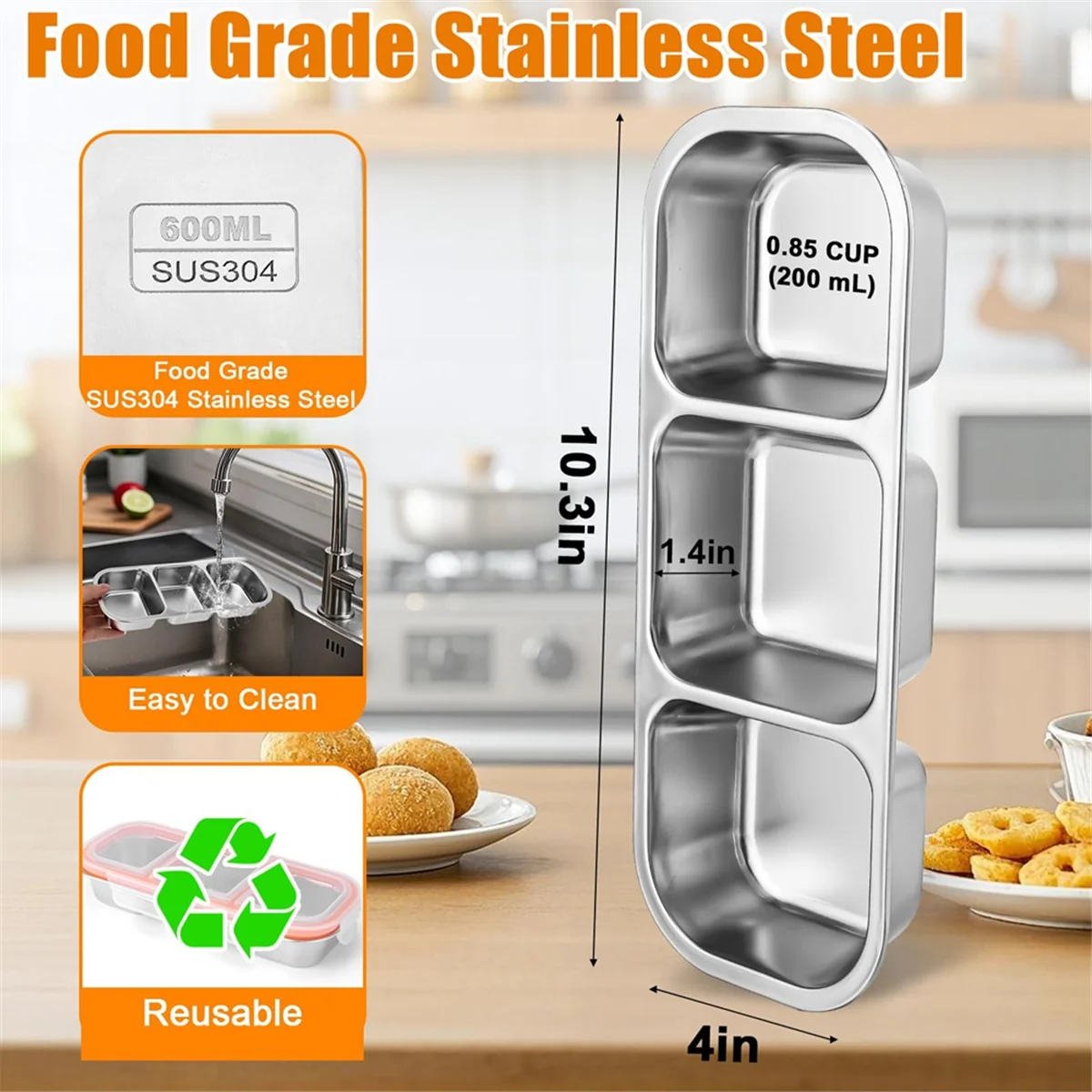 

Stainless Steel Snack Containers with Lids,Metal Snack Containers, 3 Compartment Food Container,Reusable Snack Container
