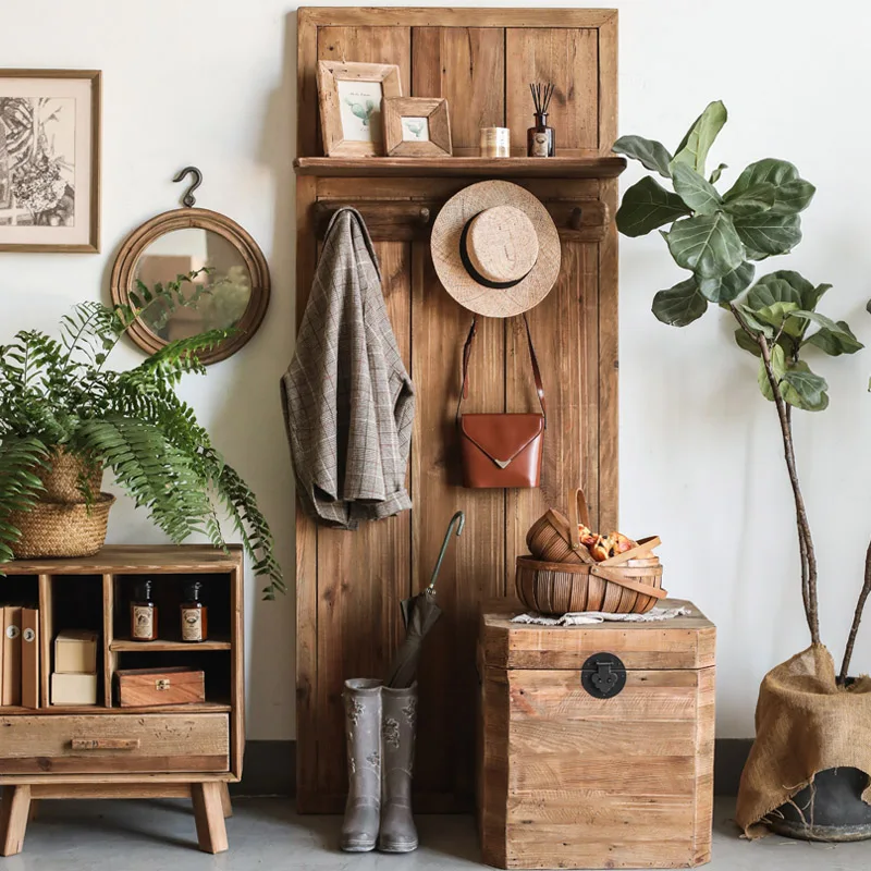 Floor against the Wall Old Pine Wood Silent Style Living Room Entrance Doorway Retro Style Coat Rack