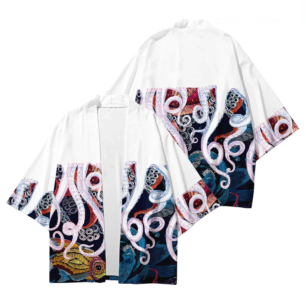 Devil's Fish Print Loose Japanese Streetwear with Open Collar for Men and Women, Harajuku Hiroshi Kimono Cosplay Top