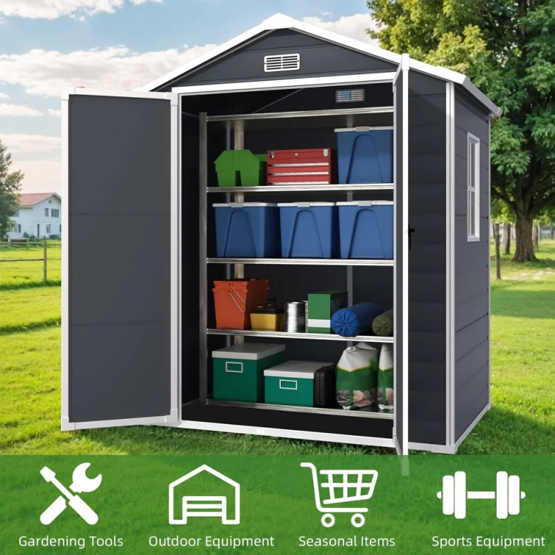 6 * 4.4FT Outdoor Resin Storage Shed With Reinforced Floor, All Weather-Resistant, Plastic Shed For Storing Gardening Tools