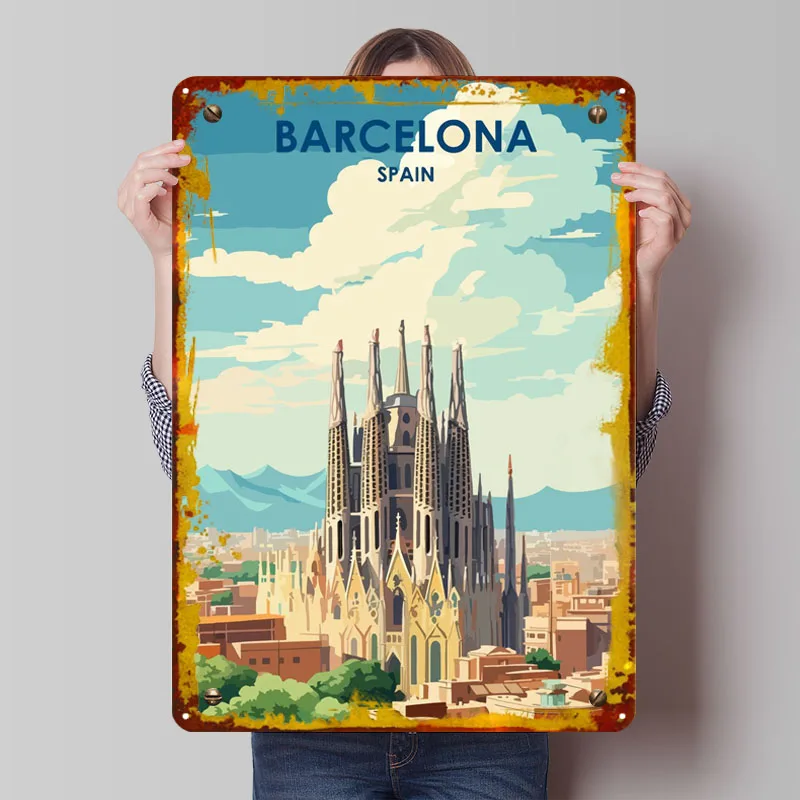 Visit Barcelona Metal Signs Travel Poster Vintage Metal Plate Custom Tinplate Sign for Wall Art Decoration Vintage Room Decor