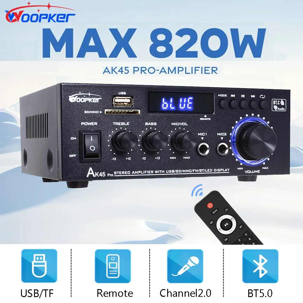 Woopker AK45 Pro Audio Amplifier Max Output 820W Channel 2.0 Bluetooth AMP Karaoke HiFi Digital Stereo Receiver for Home RVs