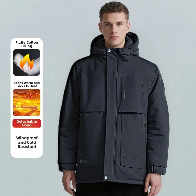 

Winter Thiened Cotton Jaet Men's Faionable Warm Detachable Hood Busin Gentleman Sle Stand Fit Polyester Fiber