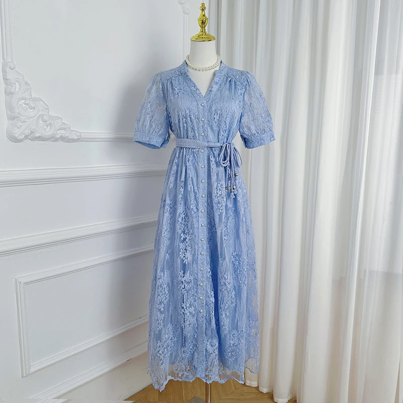 

Luxury Formal Evening Long Dress Women Summer Short Sleeve Crochet Lace Embroidery Single Breasted Belt Prom Dresses Vestidos