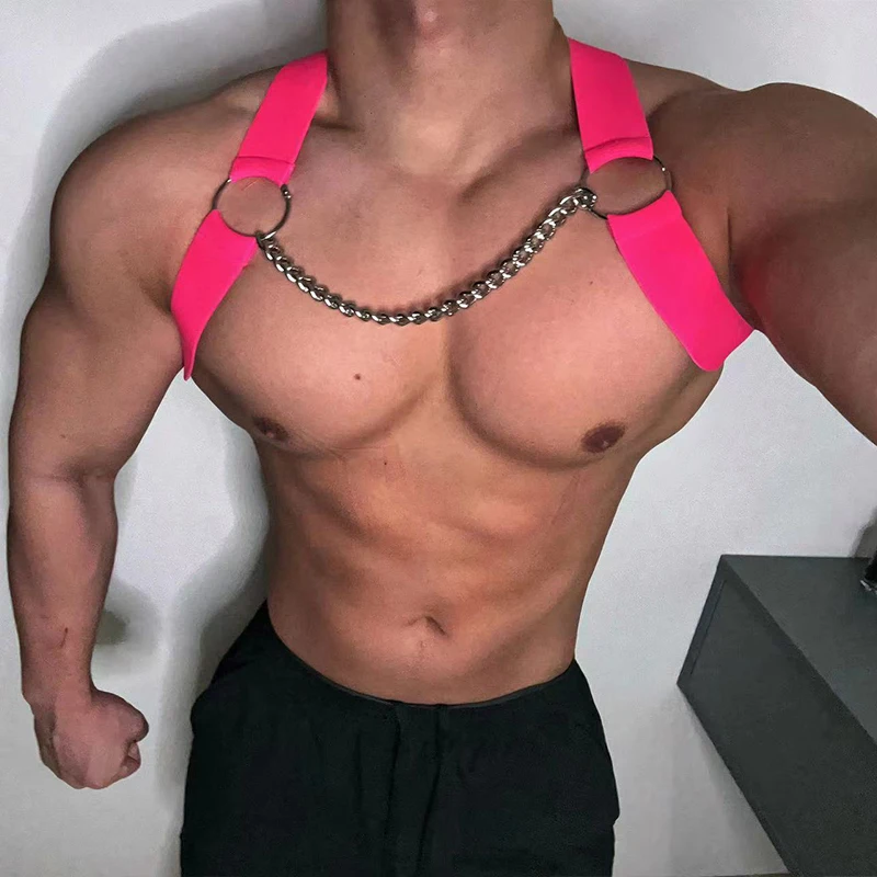 Pink Chest Strap With Chain Muscle Man Gogo Dancer Clothing Nightclub Bar Show Stage Costume Accessories Male Rave Wear VDL1682