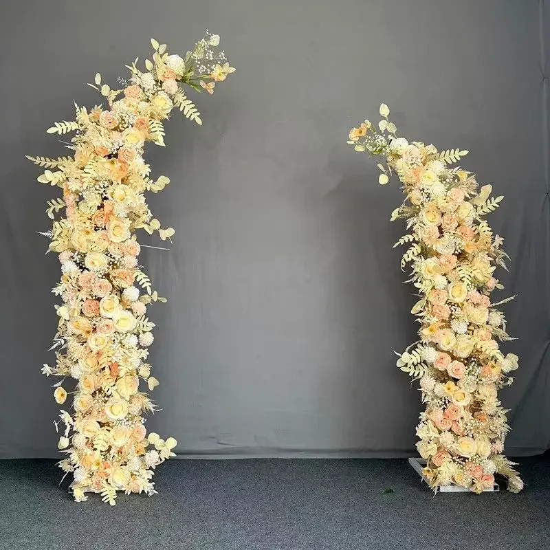 2PCS Metal Arch With Artificial Flowers Wedding Backdrop Balloon Road Lead Stand Background Outdoor Lawn Party Door Shelf Frame