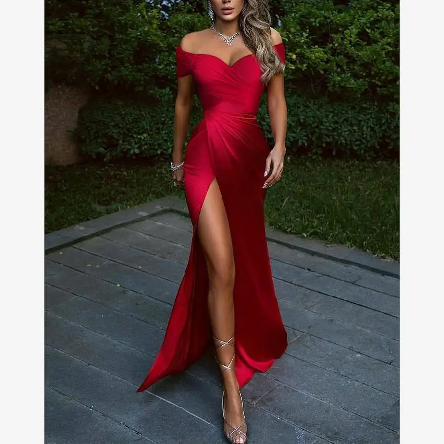 

Long Off-Shoulder Split Thigh Dress Evening Gown mid Waist Short Sleeve Pure Color Polyester KTV Costume Female Fashion