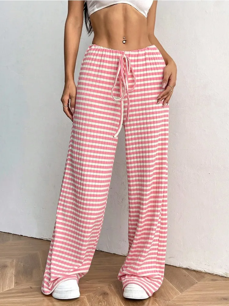 Casual Drawstring Women Striped Pants Spring Autumn Loose Long Pants 2026 Sweet Straight Leg Trousers Simple Printed Clothing