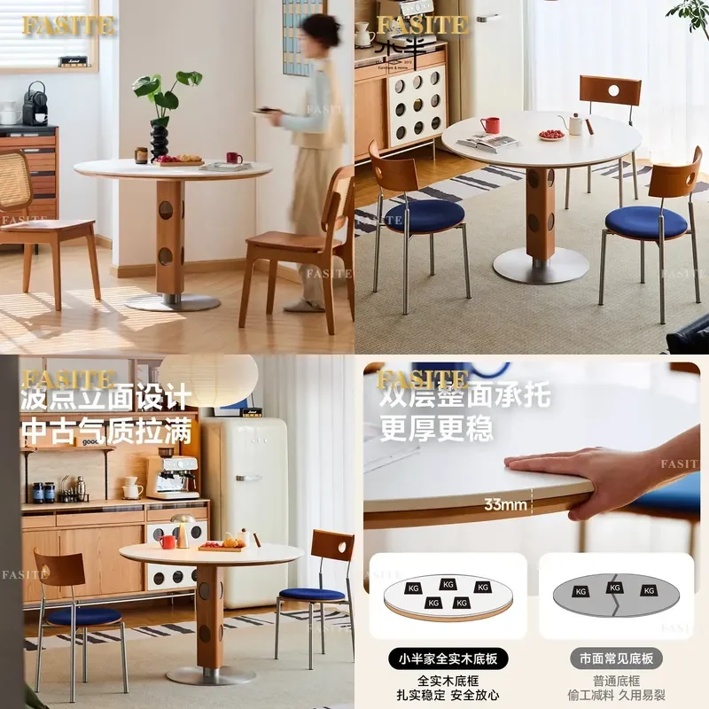 For Small Apartment Solid Wood Round Dining Table Cherry Wood Retro Style Rock Slab Top Household Furniture Space Saving