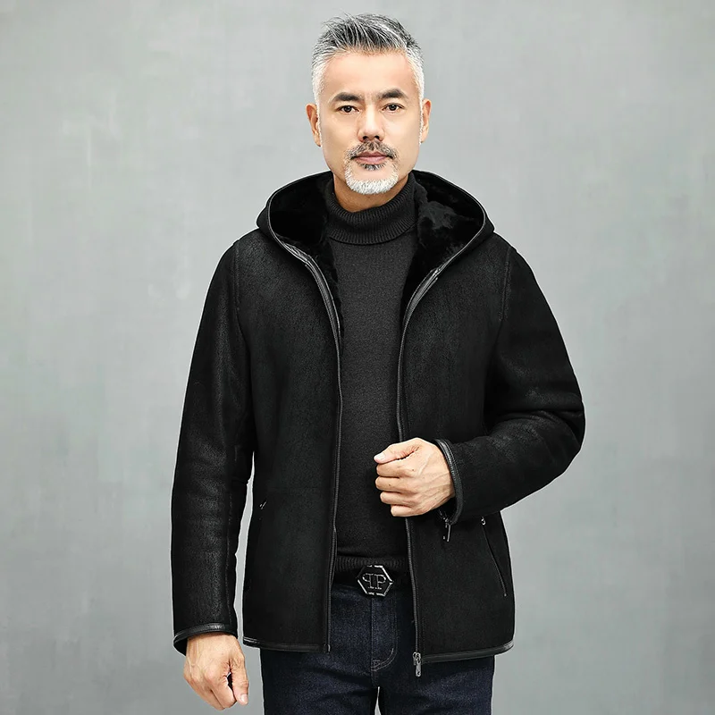 

New Fur In One Coat Mens Genuine Leather Clothes Hooded Winter Sheepskin Jacket Fashion Men Shearling