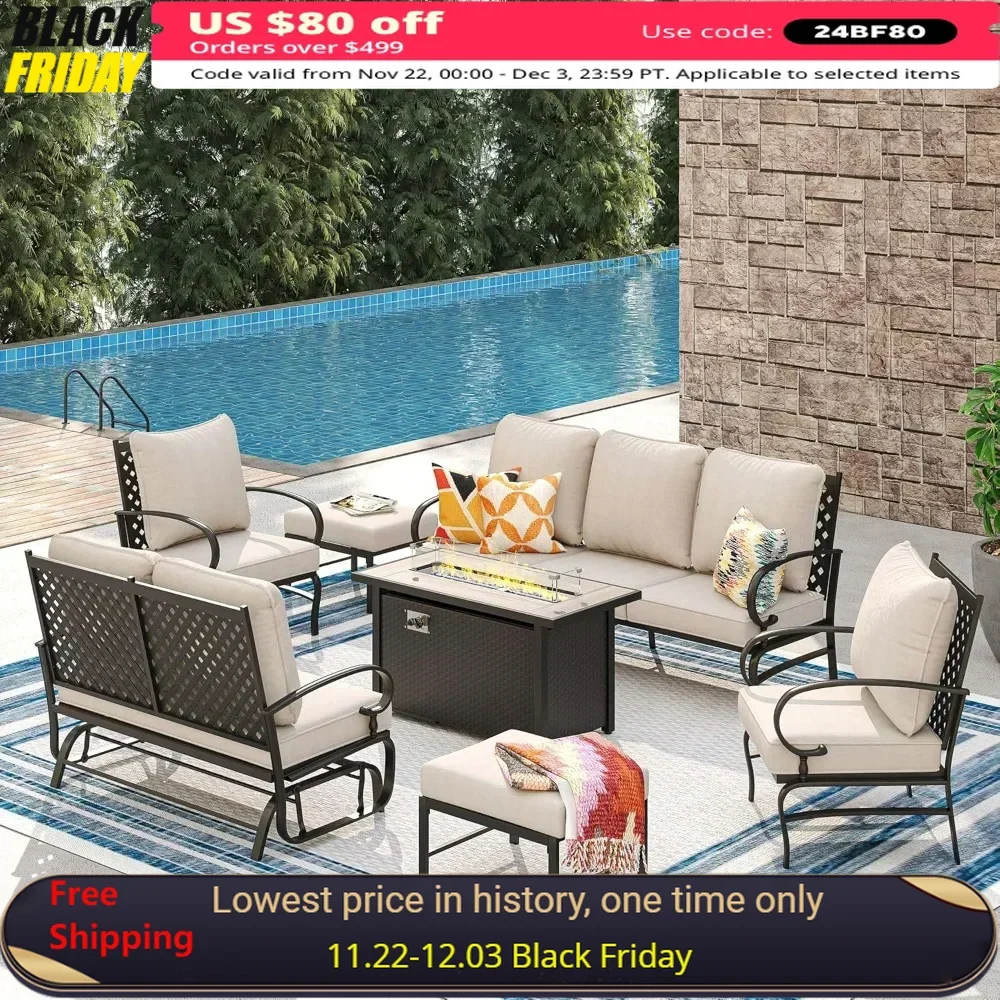 7 Pieces Patio Furniture Set with 45-inch Firepit, Outdoor Furniture of 3-Seater Sofa, 2 Patio Single Sofa with 2 Ottomans