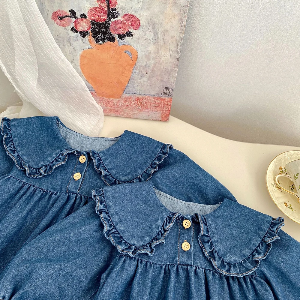 2025 Spring New Baby Girls Clothes Denim Bodysuit Peter Pan Collar Baby Girls One Piece
