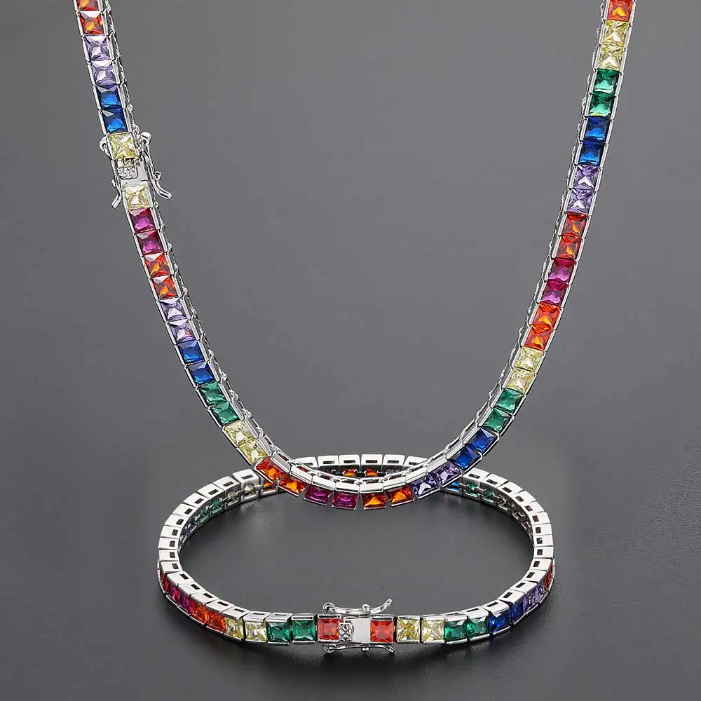 

Iced Rainbow Colorful Tennis Necklace Silver Gold Plated Square Cubic Zirconia Tennis Chain Cuban Link Dainty Jewelry Gift