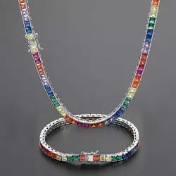 Iced Rainbow Colorful Tennis Necklace Silver Gold Plated Square Cubic Zirconia Tennis Chain Cuban Link Dainty Jewelry Gift