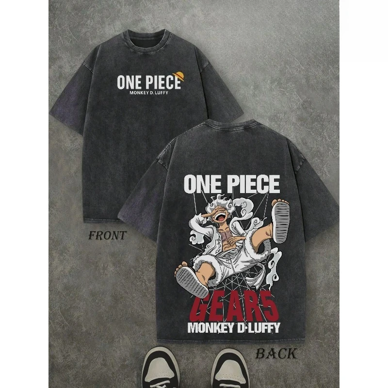 تي شيرت Luffy's Fefth Grade Retro Washed Anime، مناسب لكل من الرجال والنساء، مغسول في جميع الفصول #1