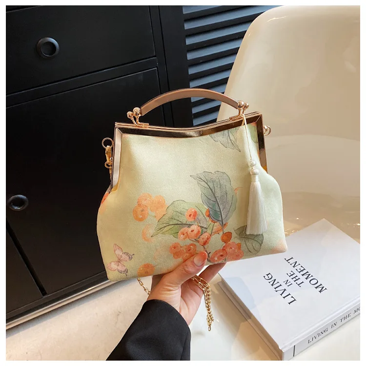 Vintage Chinese Style Evening Bags Purple Peony Print Ladies Handbags Clutches Gold Chain Shoulder Bag Wedding Party For Women