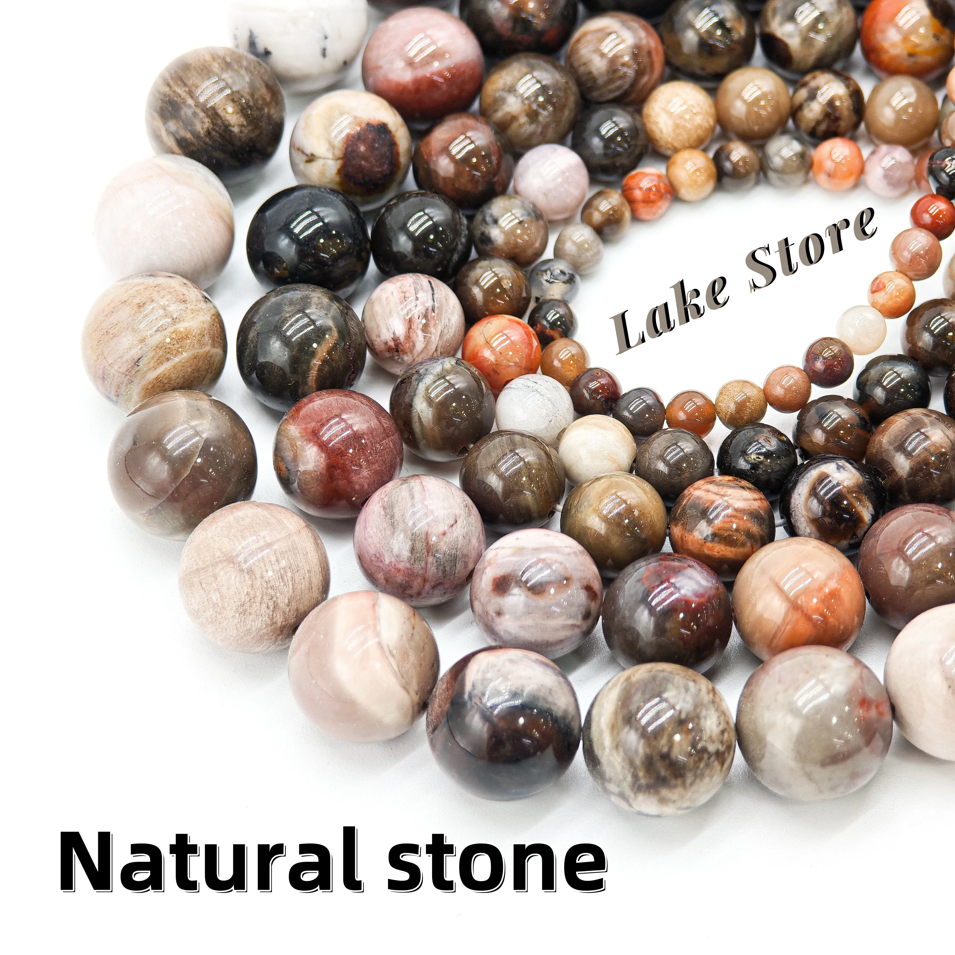 High - Quality Natural Petrified Wood Stone Round Beads, 4-10mm Round Brown Loose Beads for DIY Jewelry Making.