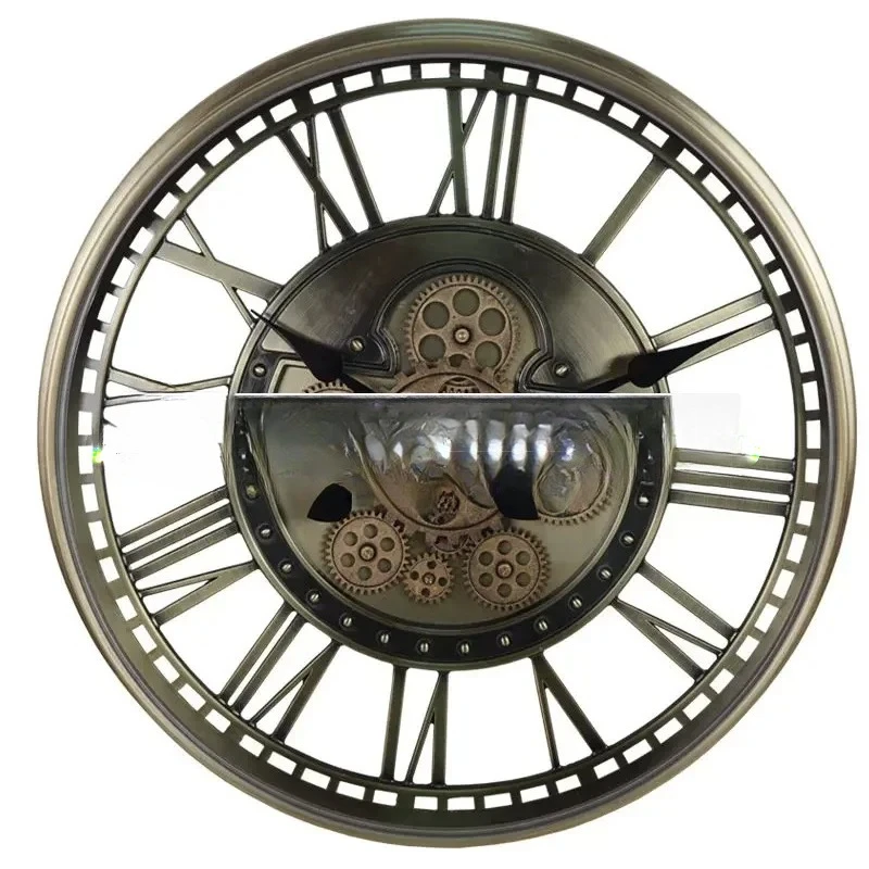 

European Metal Gear Wall Clock American Vintage Art Clock Living Room Decorative Creative Hands Quartz Clock Industrial Style
