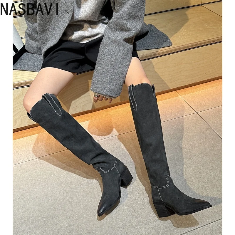 

NASBAVI 2026 Fashion News Women Knee High Boots Cow Leather High Heel Square Toe Long Boots Winter Woman Dress Shoes Black 34-40