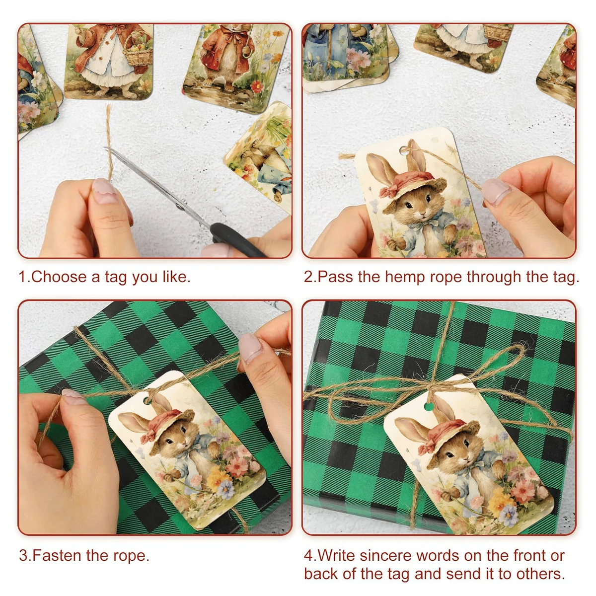 50 Stück lebendige Osterhasen-Geschenkanhänger mit Juteschnur, für Osterkorbdekoration, Frühlingsparty-Geschenke, DIY-Geschenkverpackungsetiketten – Detail 4