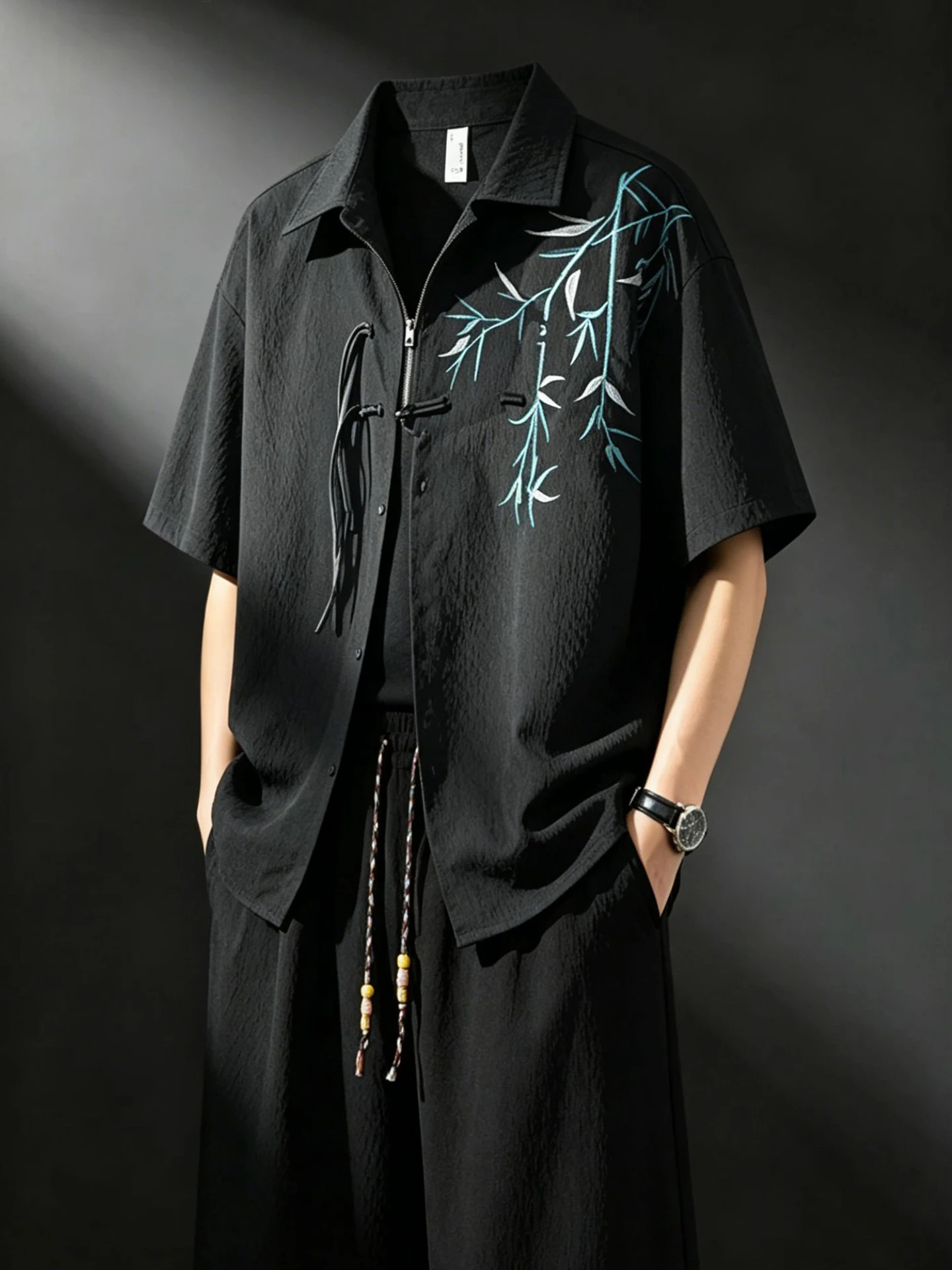 

New Chinese Style Men's Short Sleeve Shirt Set Black Embroidery Quick Dry Two Piece Suit Summer Fashion Casual Wear