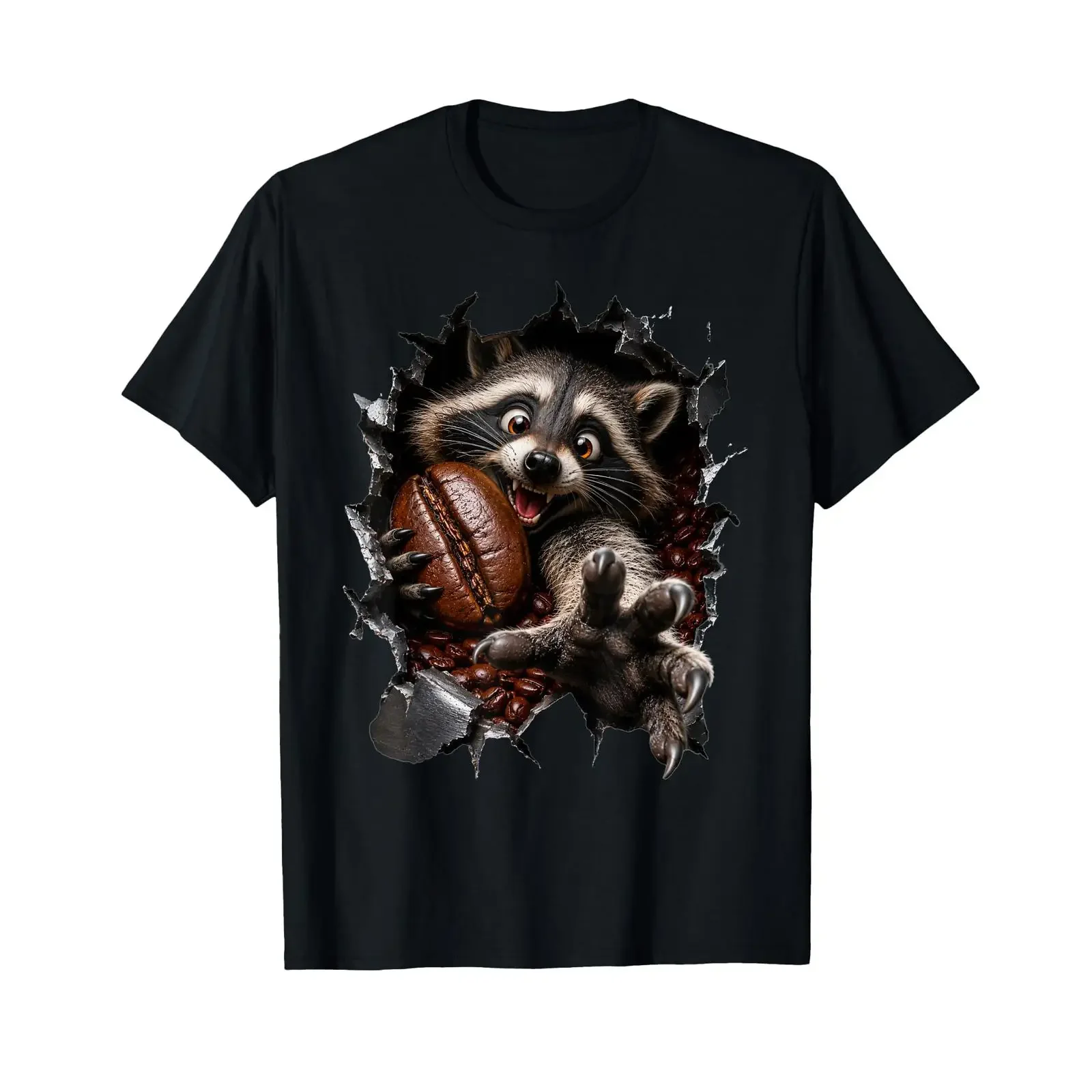 Raccoon Coffee Lover Giant Bean Illusion 3D T Shirt vintage Washed Comfortable Slightly homme designer clothes Stylish