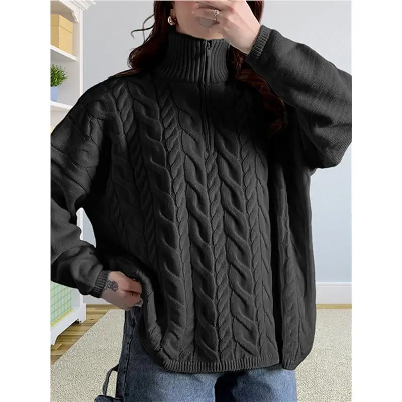 CYL-Women's Long Sleeve Half Turtle-Neck Sweater With Zipper Autumn And Winter Casual Ribbed Knit Pullover