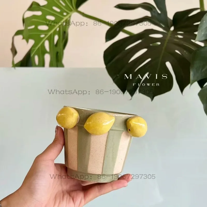 

Creative handmade ceramic flower pot green stripe decoration lemon shape home green plant potted plant