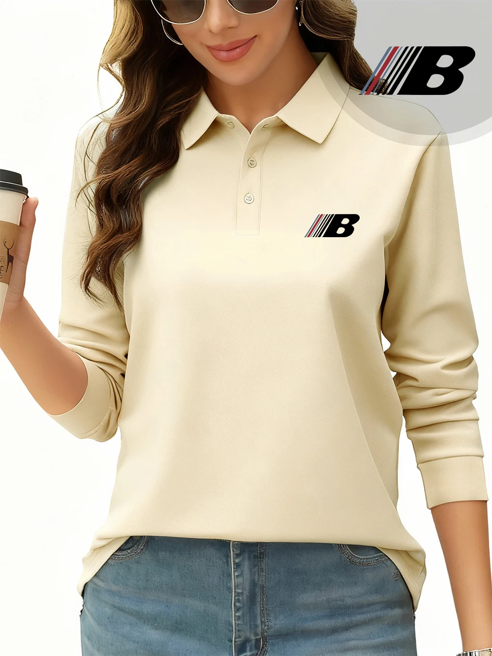 Letter B Printing Polo Shirts Women Spring Breathable Lapel Tops Commuting Long Sleeves T-Shirts Sporty Basic Womans Clothes