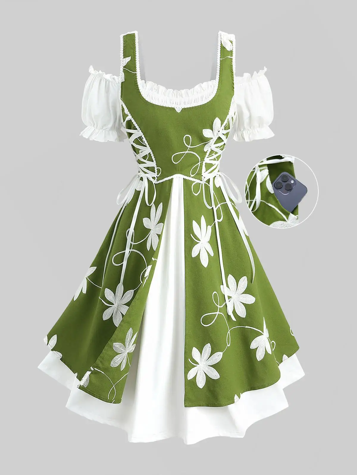 ROSEGAL Plus Size Women Dresses Flower Embroidery Lace Up Ruffles Ruched Pocket Cold Shoulder Dress 2026 New Arrived