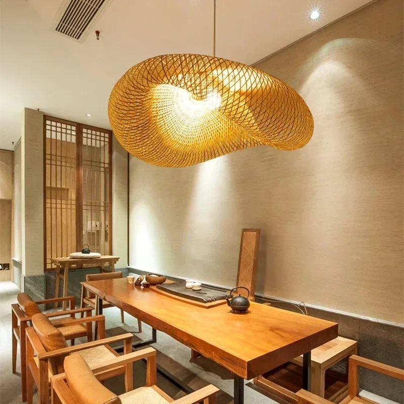 Modern Handmade Suspension Pendant Lamp Wicker Rattan Wave Shade Dining Room Shaped Tea Room Decor Hanging Lamp