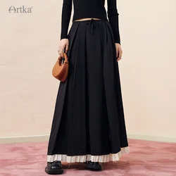 ARTKA 2023 Autumn New Women Skirt Fashion Elegant High Waist Pleated Skirts A-Line Black Long Skirt Female QA92339Q