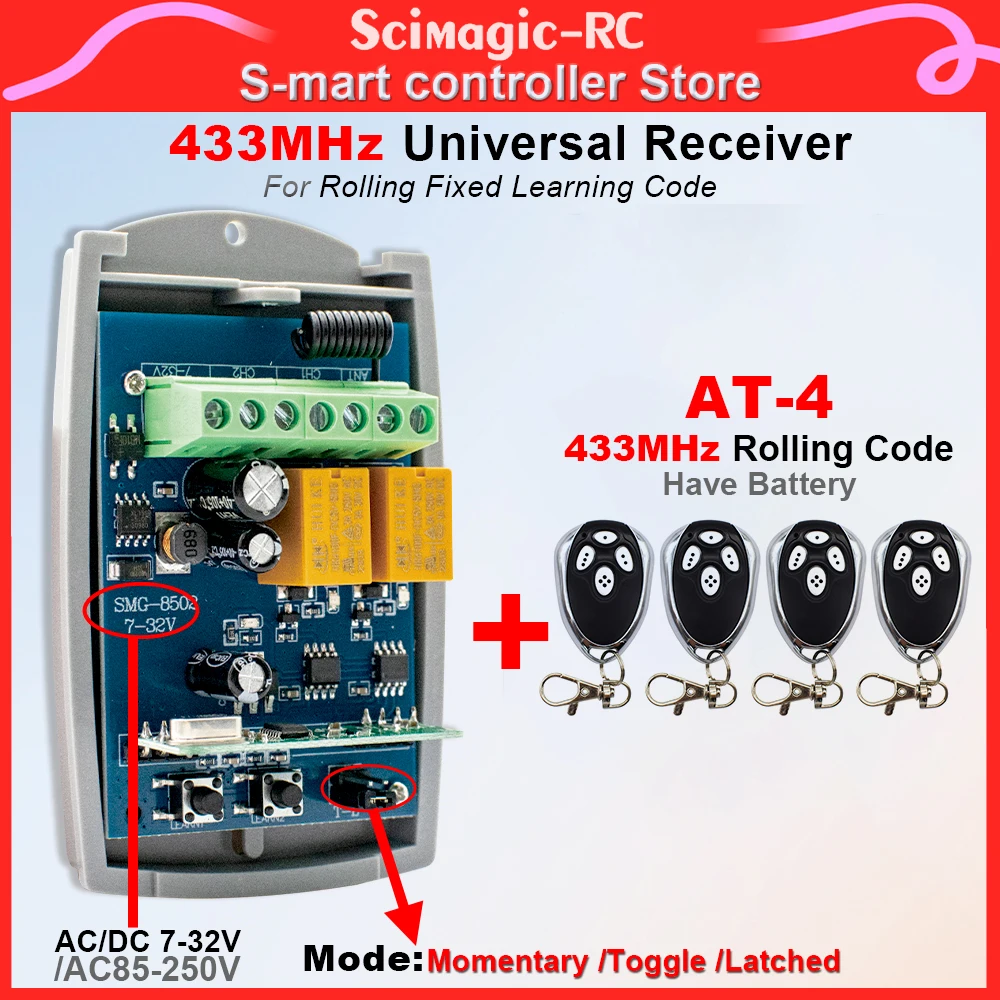 4pcs 433 mhz AT-4 Rolling Code Remote Control For 2CH 433MHz Universal Rf Relay Receiver AC 7-32V 220V Rf Switch Have Three Mode