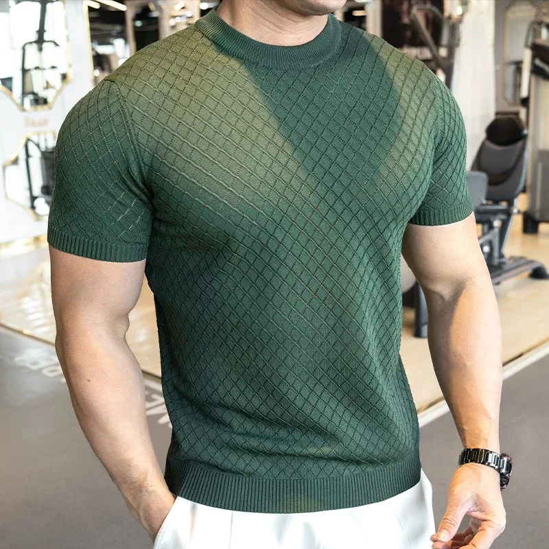 

American Fitness Short Sleeved Solid Color T-shirt Men's Round Neck Knitted Top Ice Silk Elastic Casual Social Base Shirt Tee