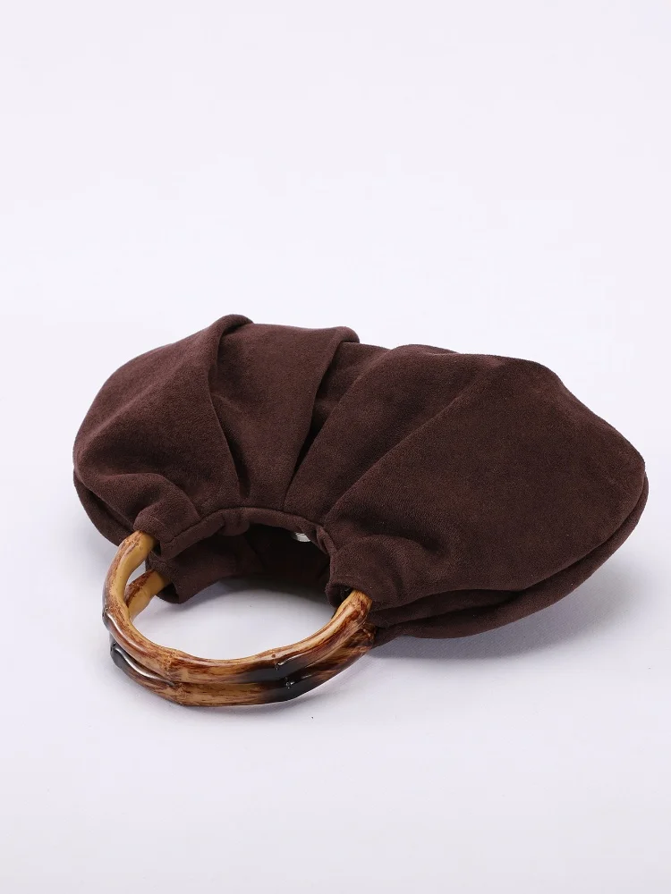 2025 Trendy Pleated Design Women's Handbag Retro Bamboo Handle Boat Shaped Purse Soft  Leather Velvet Tote Bag