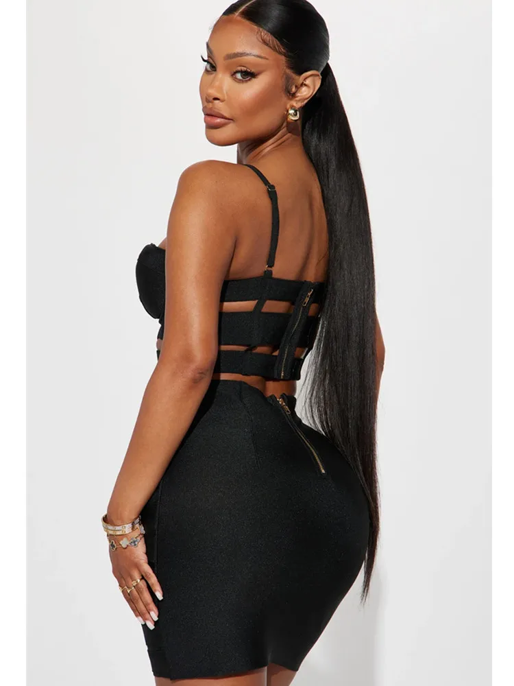 Women Celebrity Sexy Cut Out Buckles Black White Mini Bodycon Bandage Skirt Set 2024 Elegant Evening Club Party Outfits