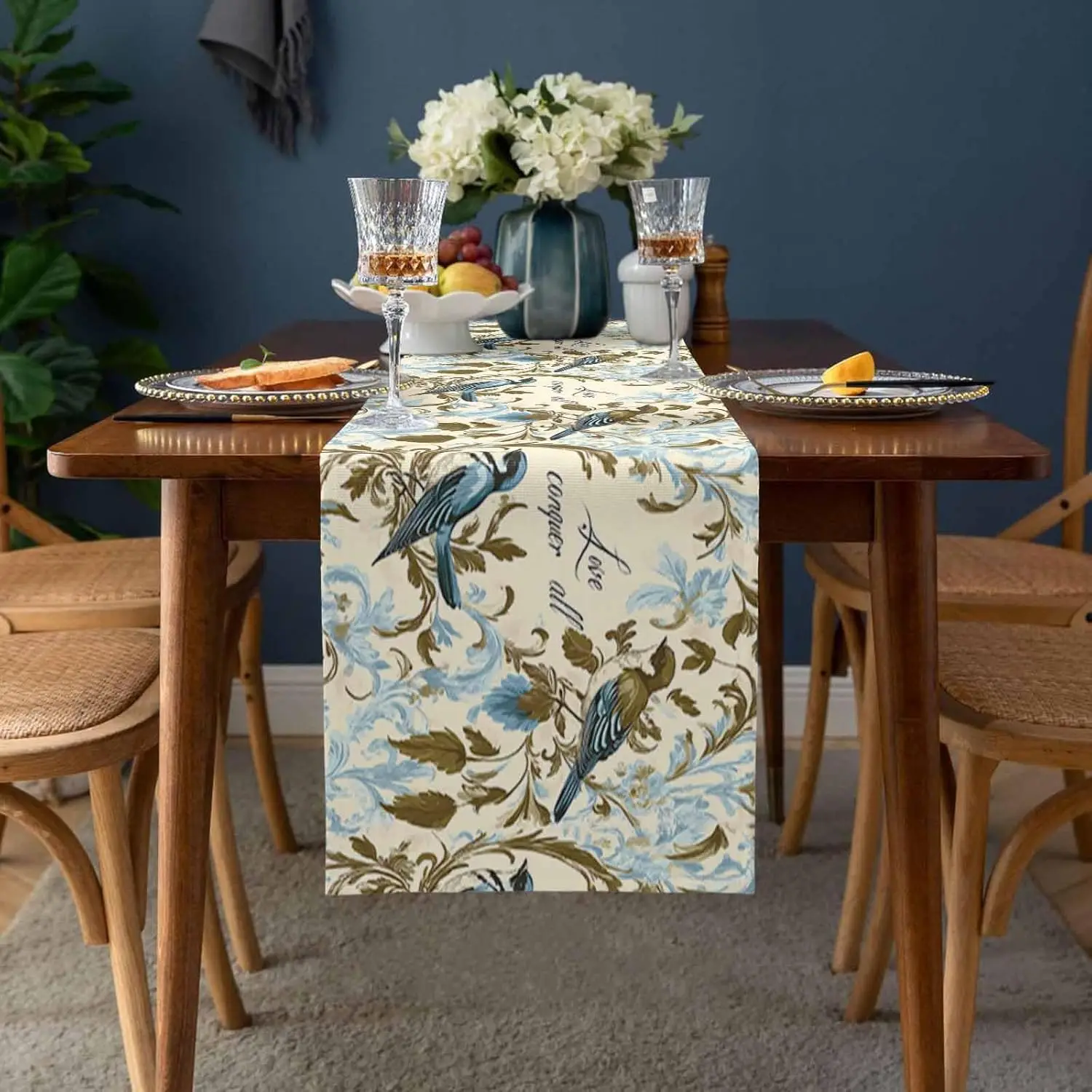 Vintage Floral Bird Leaf Linen Table Runner Dresser Scarve Table Decor Farmhouse Kitchen Dining Table Runner Holiday Party Decor