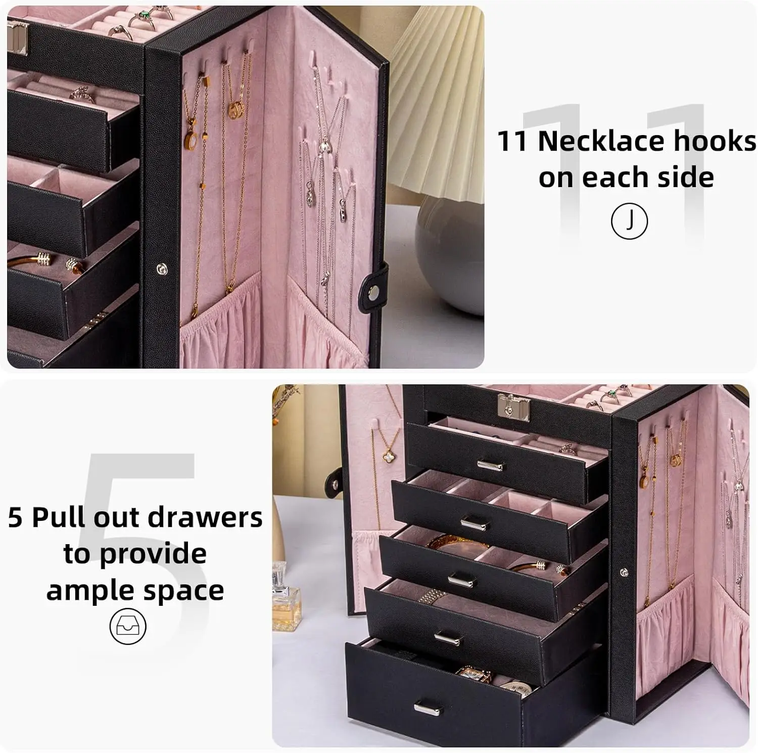 6-Tier Jewelry Organizer with Mirror, Lockable Drawers, Large Storage for Rings, Earrings, Necklaces - Perfect Gift
