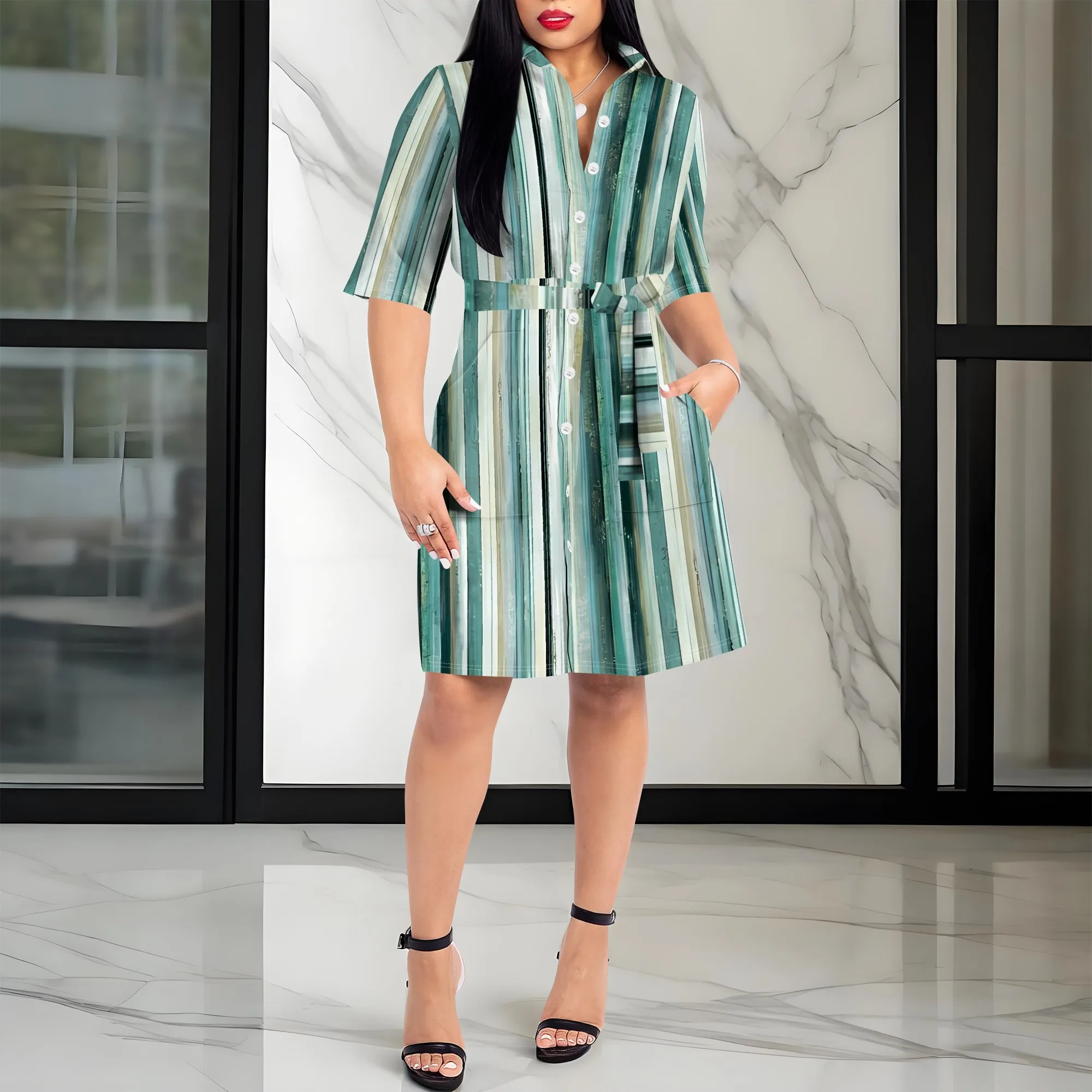 

Nupusa Striped Print Dress for Women Standard Size Summer Casual Shirt Neck Half Sleeve Dress