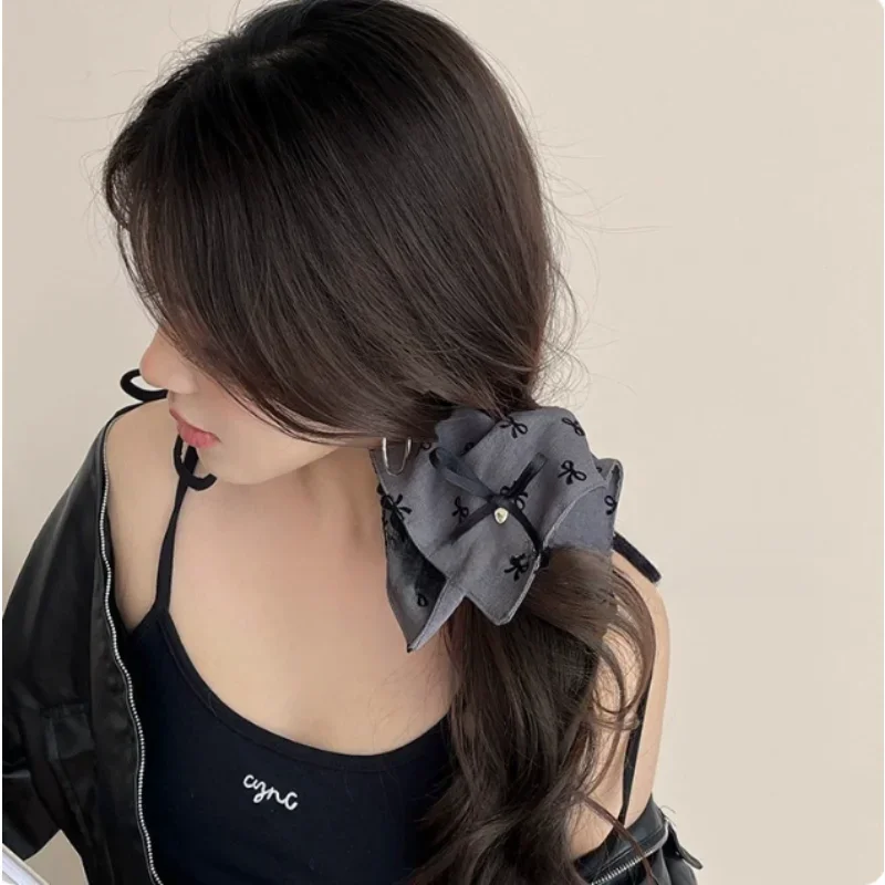 

Gray lace bow square scarf hair tie women's high stretch ponytail balls hair decorated with polka dot hair tie