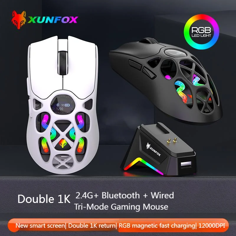 

H16PRO Wireless Mouse 2.4G Bluetooth Wired LED Digital Display RGB Lighting Effect 12000 DPI Rechargeable Honeycomb Gaming Mouse
