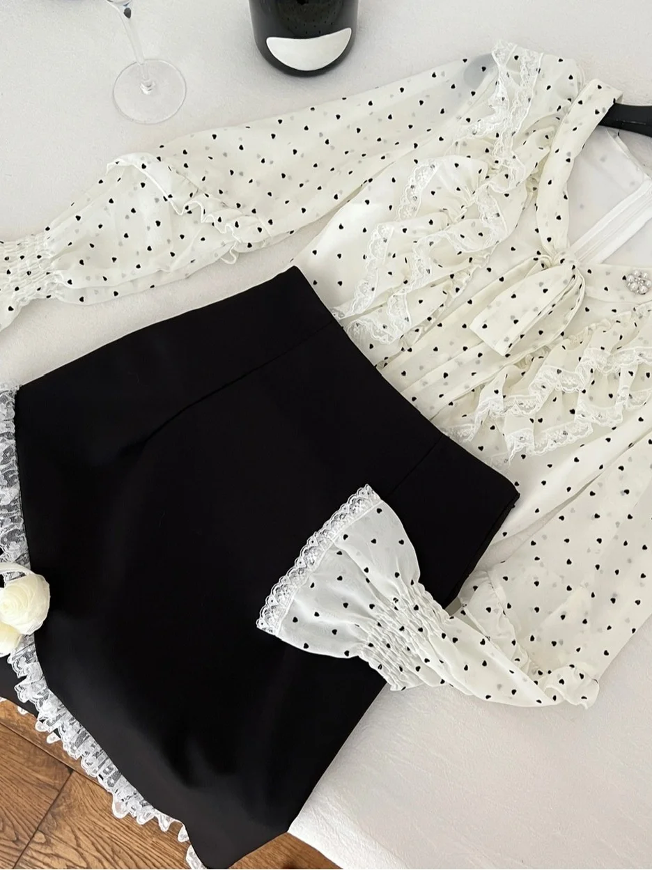 Ele – ensemble deux pièces avec nœud papillon à pois, taille haute, jupe cintrée, tenue d'hiver pour femmes, haut français Sle Bot