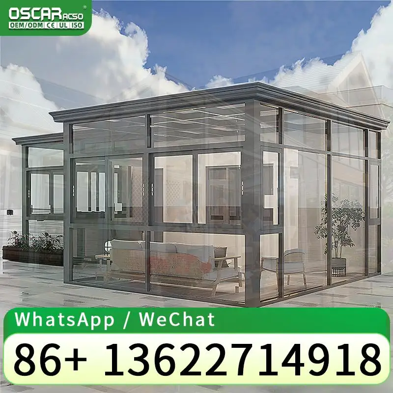 Modern Slant Roof Outdoor Sunroom Conservatory with Double Tempered Glass Customizable Size Dining Solarium for backyard garden