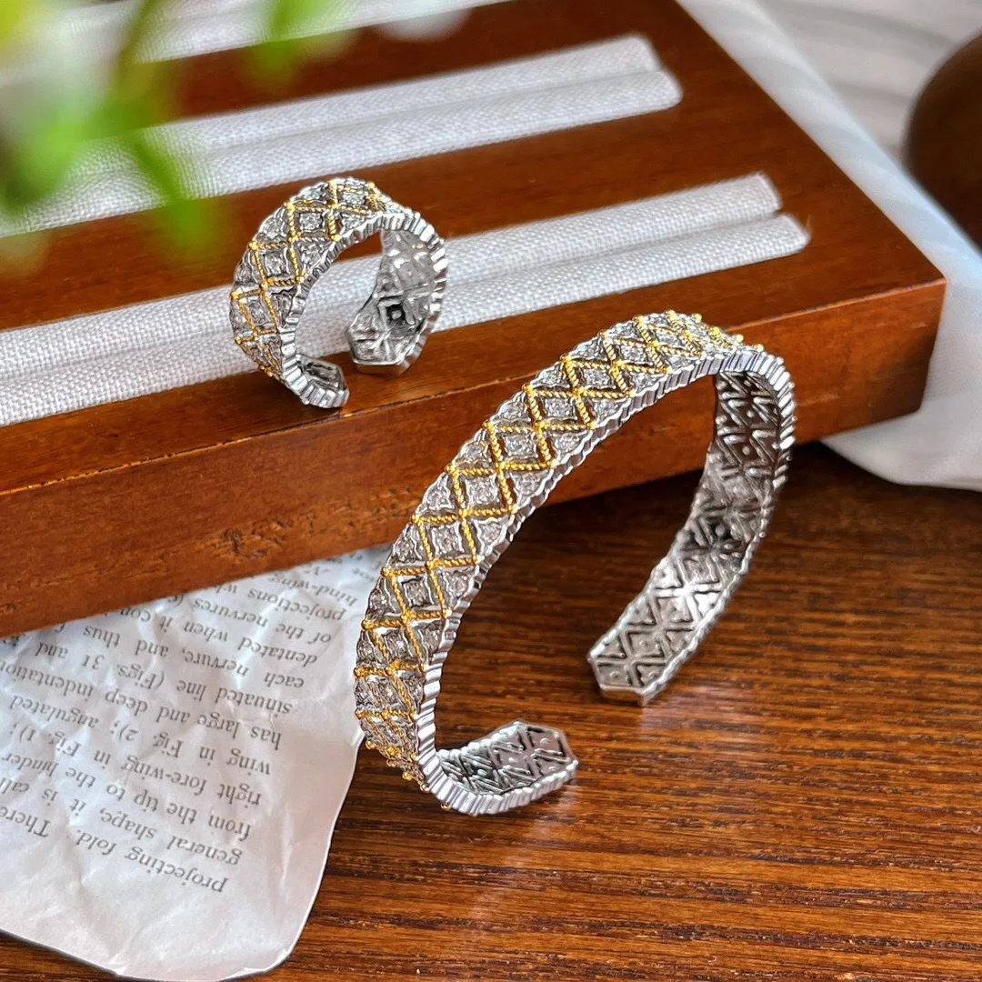 Estilo antiguo italiano tejido grabado artesanía en oro versión amplia llena de diamantes anillo abierto pulsera pareja hombres y mujeres